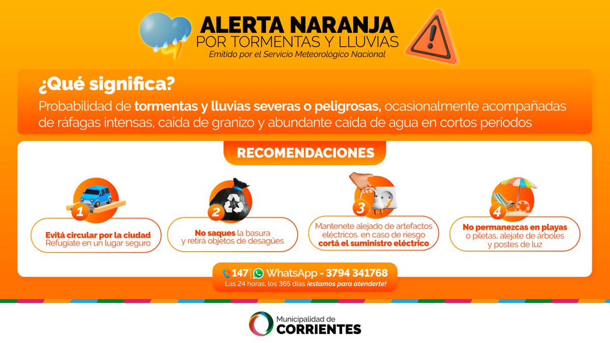 El @smn_argentina emitió una #AlertaNaranja por tormentas en la ciudad ⚠️ Compartimos una serie de recomendaciones para los vecinos y ante inconvenientes, pueden comunicarse a la línea 147 o con el MuniBot por WhatsApp al 3794 341768 📲