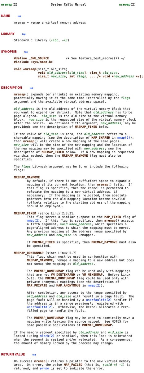 popovicu94's tweet image. Resizing a 1GB buffer sounds expensive.

1. Allocate new 1GB
2. Copy 1GB of data
3. Free old 1GB

This burns CPU cycles and trashes your cache.

But Linux has a shortcut that makes this lighter.

mremap (#25 on x86_64): the syscall that resizes memory without copying bytes. 🧵👇