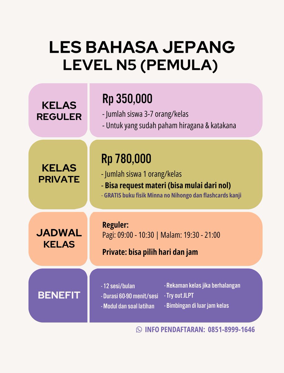 Hi, aku buka batch kelas bulan Desember untuk les online bahasa Jepang level pemula (bisa dari 0 sampai N5). Fee terjangkau, gasss dm atau wa! 🇯🇵😎

Testi ada di pinned 📌