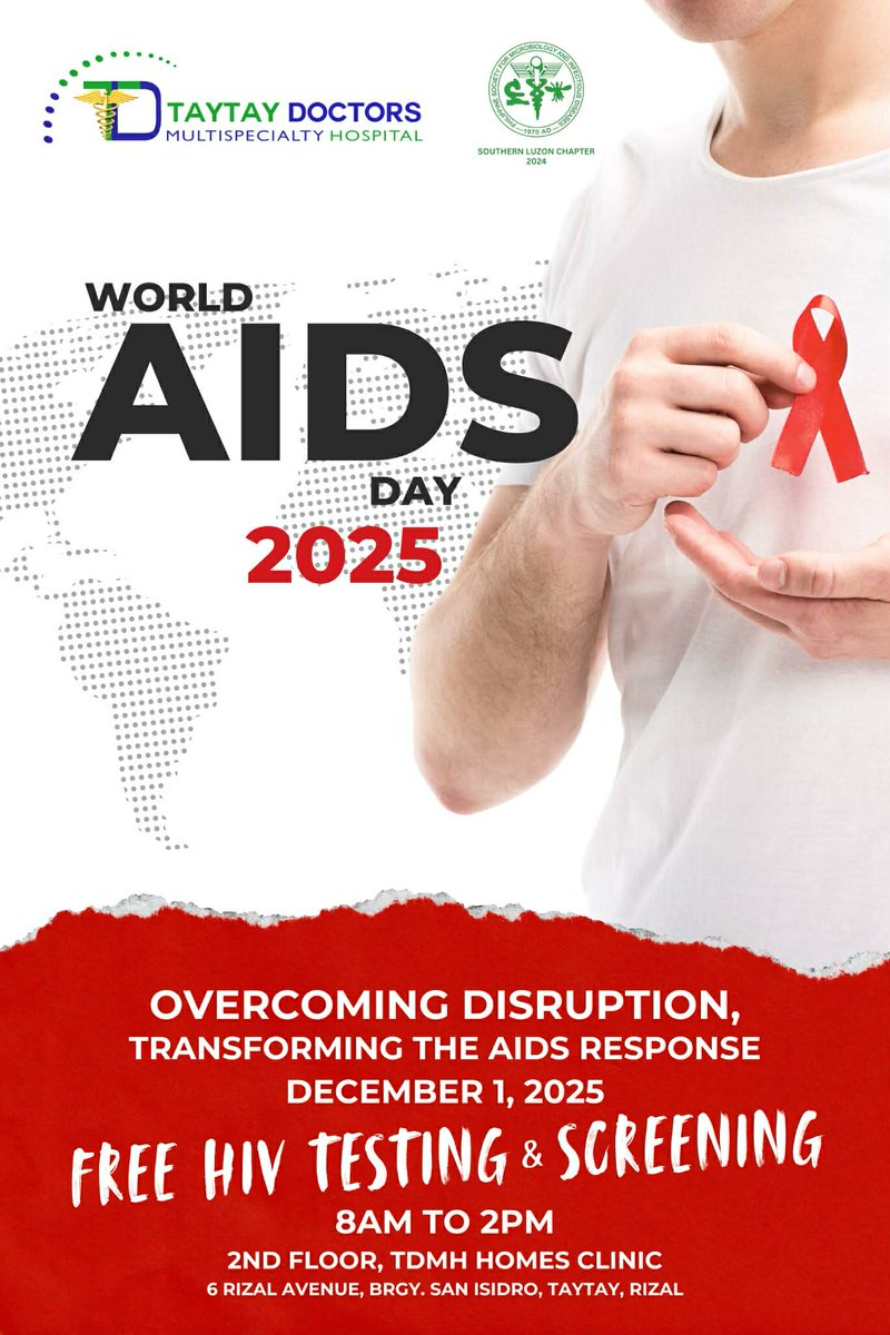 Jaoyap4's tweet photo. JOIN TAYTAY DOCTORS MULTISPECIALTY HOSPITAL FOR FREE HIV TESTING AND SCREENING THIS WORLD AIDS DAY ON - DEC 1ST!!!

#TDMHHOMESCLINIC https://t.co/w7jd9q93i0