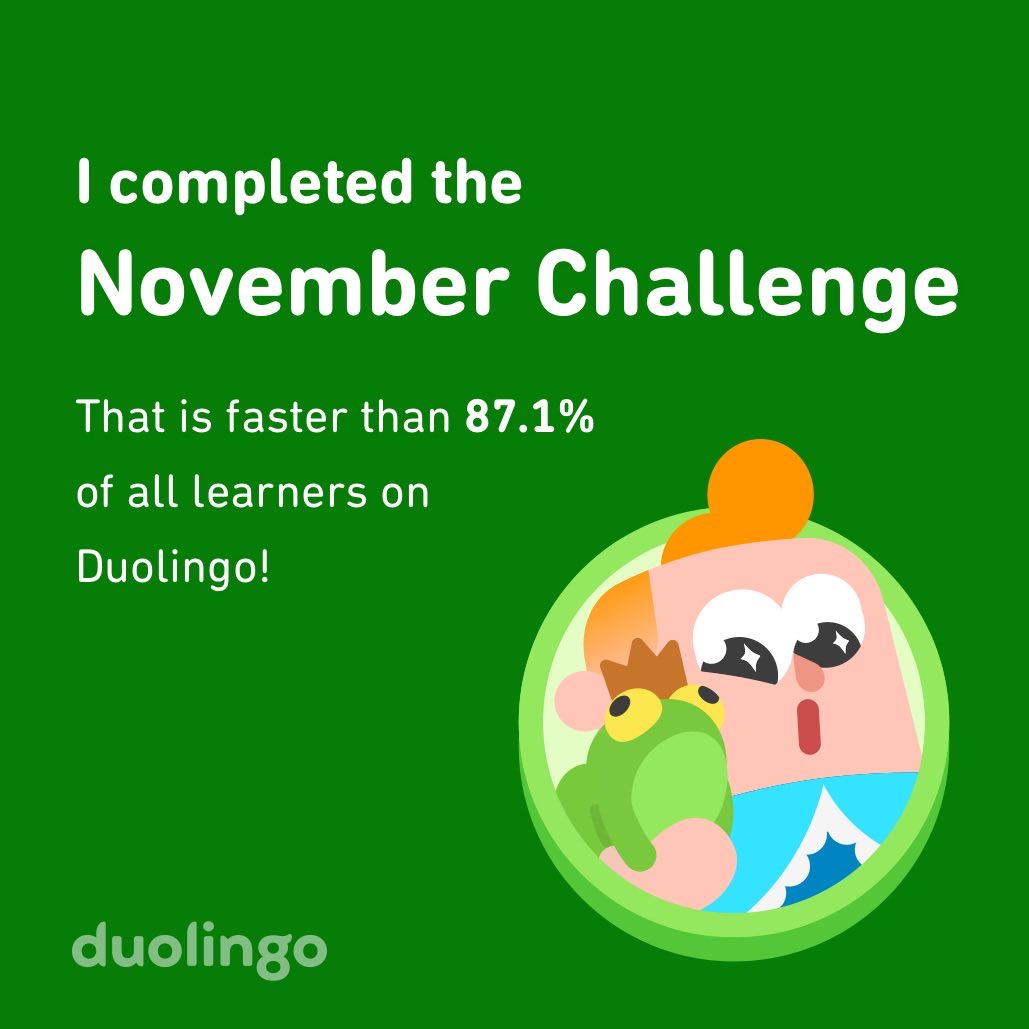 bendegagne's tweet photo. I completed the November challenge faster than 87.1% of all learners on Duolingo! https://t.co/nB9CBi9Wrp