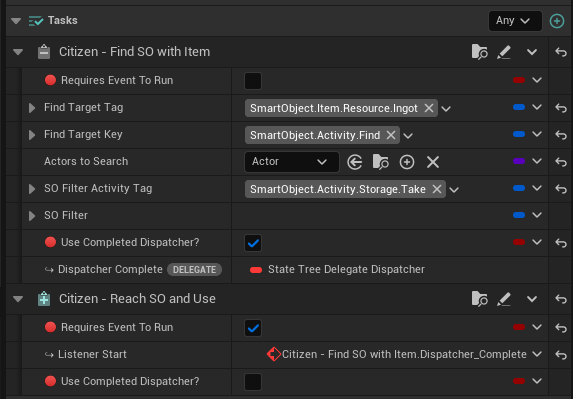 CBennettDesign's tweet image. Found a smooth flow for StateTree is setting up a base class with input/output dispatchers to easily manage task flow control. 
🔴 Requires Event To Run
and 
🔴 Use Completed Dispatcher?
are used as edit conditions to cleanly hide the listeners/dispatchers #UnrealEngine5