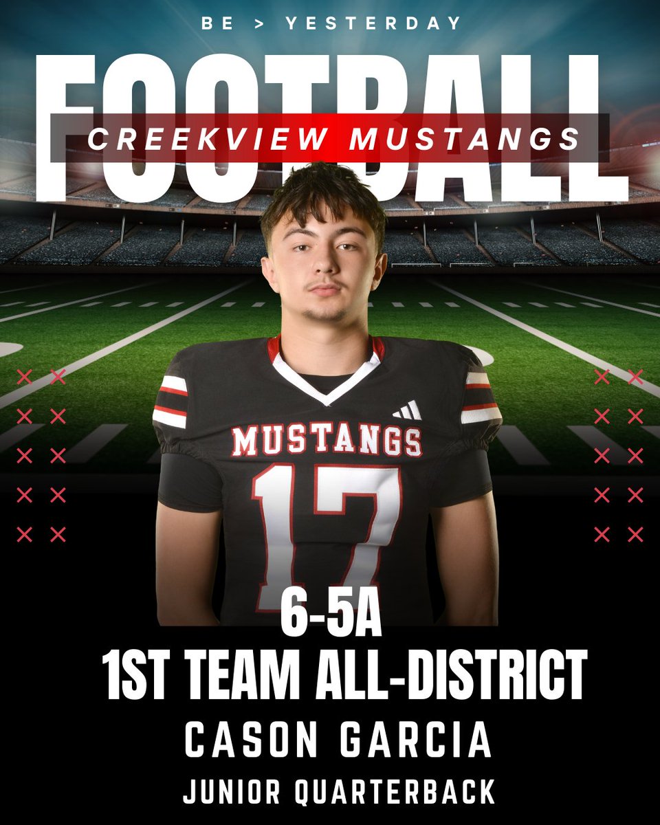 🏈 2025 6-5A 1st Team All-District Quarterback🏈

Congrats to our QB Cason Garcia!
🔥 2,692 Pass Yds | 30 TDs
🔥 436 Rush Yds | 4 TDs
💥Led Mustangs to school-record 9 wins

🎥 Highlights: hudl.com/video/3/197917…
#CreekviewFootball #AllDistrict #TXHSFB
<a href="/RamirezCoach/">Michael Ramirez</a> <a href="/PutterRenee/">Renee Putter</a>