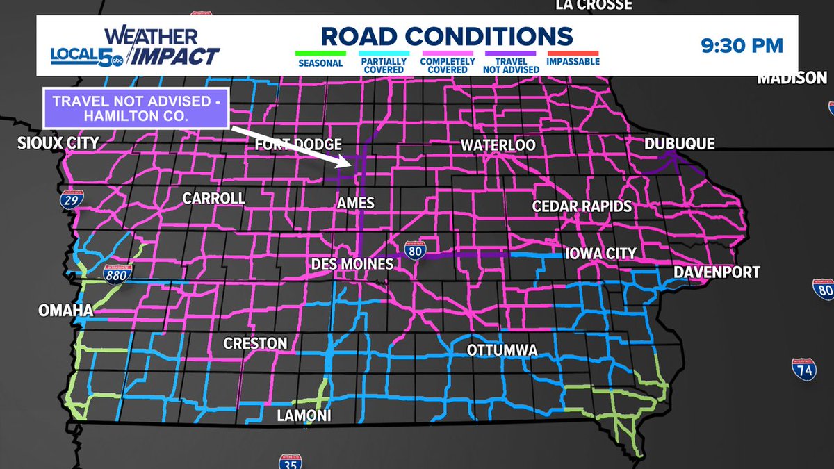 ChrisKuball's tweet image. Roads continue to be completely covered by snow and ice across much of Iowa.  A few spots are travel not advised with one of those areas being in Hamilton County.  Hazardous travel will continue overnight. #IAWX