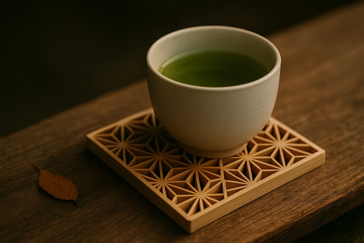 Light caught in wood. Hida kumiko turns thin cedar strips into quiet geometry—an airy trivet beneath a warm cup of tea. #TeaDa #Kumiko
 #HidaKumiko #JapaneseTea #WabiSabi #Mingei #Woodcraft #Design #Gifu