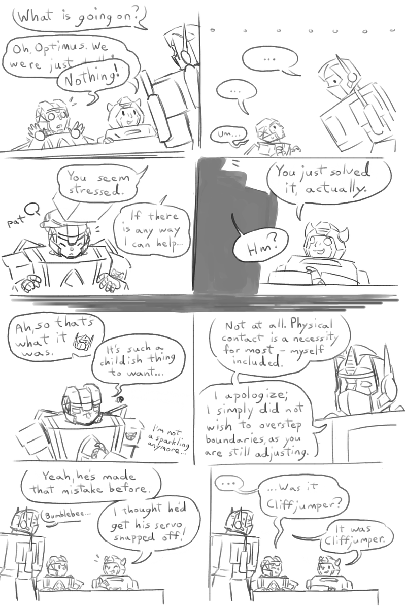 Little comic to practice Optimus and Bumblebee! In which Windframe is a little envious of Bee getting pats, and embarrassed about that fact.
#transformers #maccadams #tfoc #optimus #bumblebee