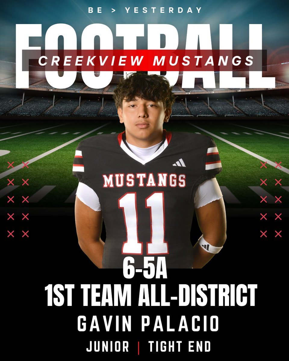 🏈 2025 6-5A 1st Team All-District TE🏈

Congrats to our H/Y Gavin Palacio!

🔥 40 Recs | 564 Rec Yds | 6 TDs
💥 Contributed to school-record 9 wins
🎥 Highlights: hudl.com/v/2TEK7f
#CreekviewFootball #AllDistrict #TXHSFB <a href="/RamirezCoach/">Michael Ramirez</a> <a href="/PutterRenee/">Renee Putter</a> <a href="/GavinPalacio11/">Gavin Palacio</a>