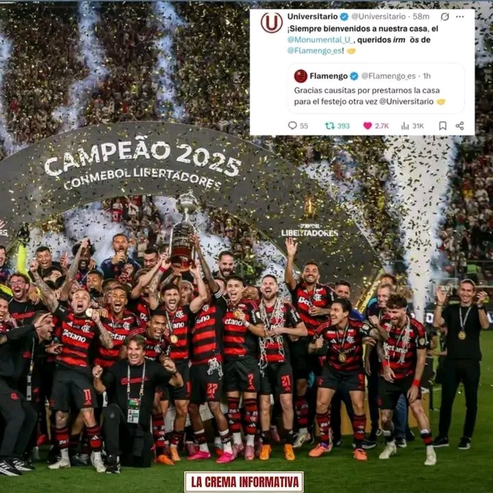 lacremainformat's tweet image. Nace una hermandad futbolera El CM de Flamengo posteó, “Gracias causitas por prestarnos la casa para el festejo otra vez”. Acto seguido el CM de la ‘U' respondió lo siguiente: “Siempre bienvenidos a nuestra casa, el Monumental 'U', queridos irmãos de Flamengo”. 💛❤️