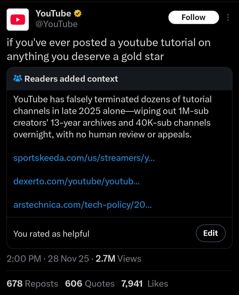 CyberKnight1's tweet image. @YouTube is getting absolutely roasted by Community Notes this week. Will they learn anything from this?
People need to start posting on @rumblevideo and @OdyseeTeam , if for no other reason than to give YouTube some competition and force them to shape up.