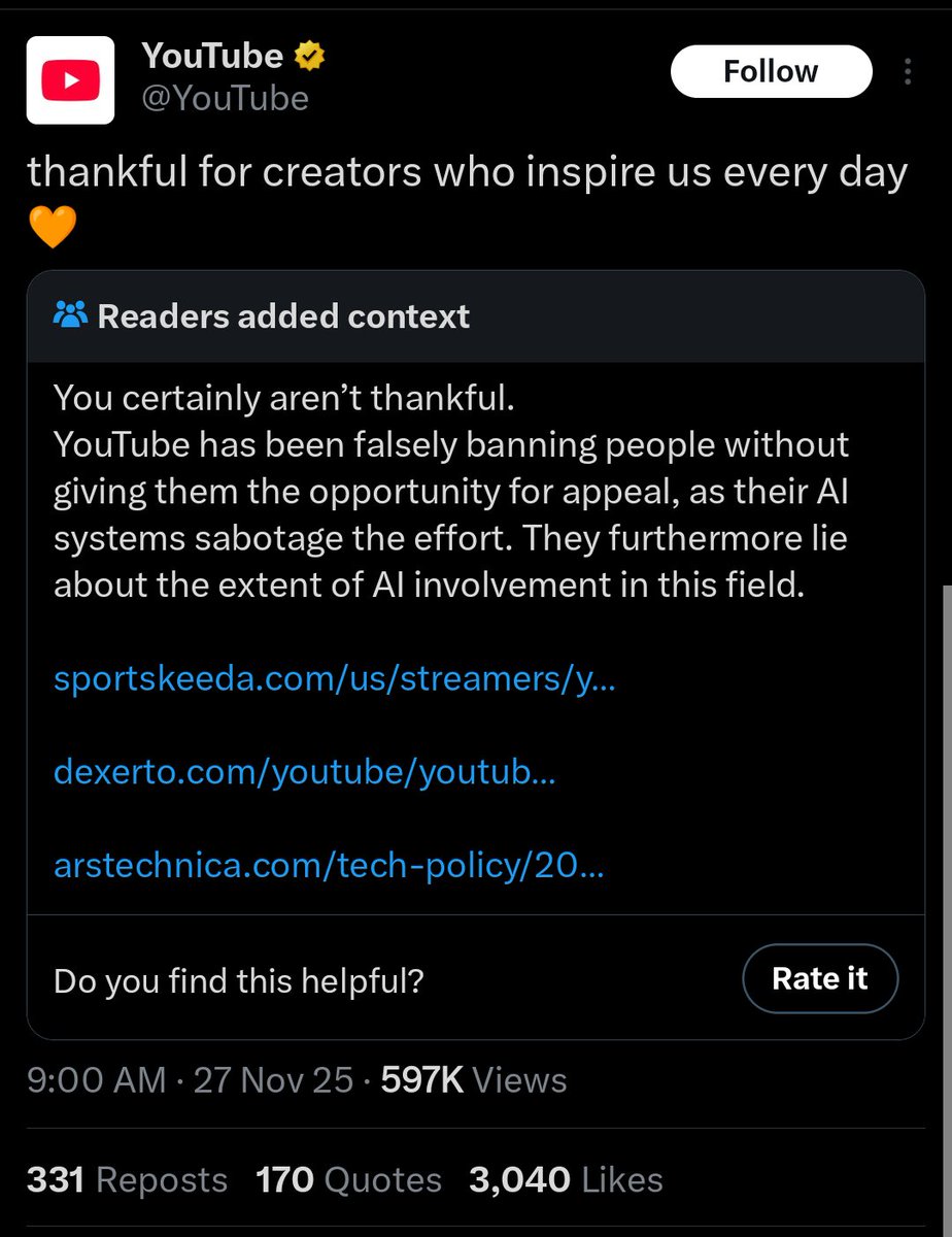 CyberKnight1's tweet image. @YouTube is getting absolutely roasted by Community Notes this week. Will they learn anything from this?
People need to start posting on @rumblevideo and @OdyseeTeam , if for no other reason than to give YouTube some competition and force them to shape up.