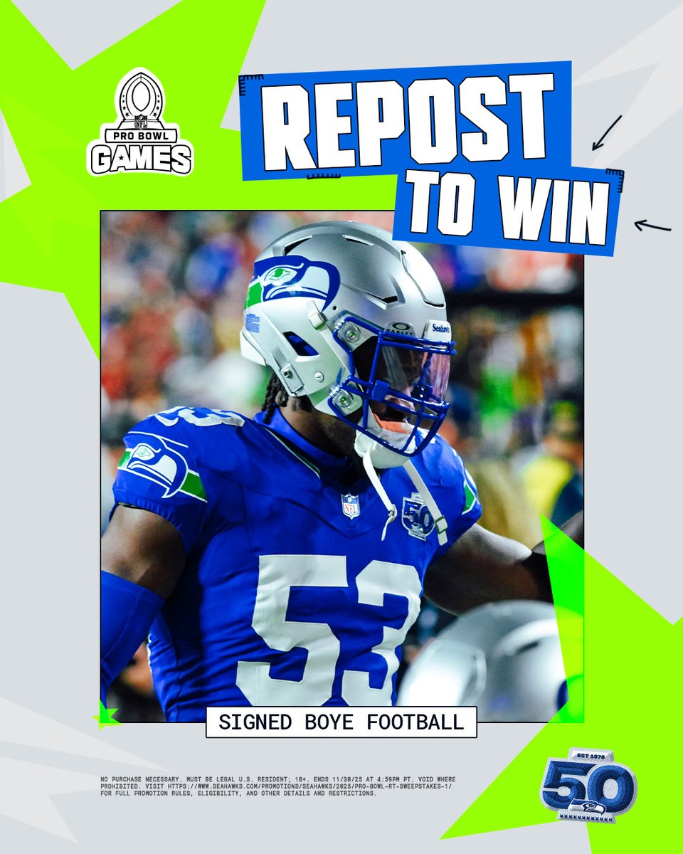 Seahawks's tweet image. HBD Boye ‼️ Repost to win a signed Boye Mafe football.

#ProBowlVote + Boye Mafe
Sweepstakes | Full rules: shwks.com/4bs0pnhy