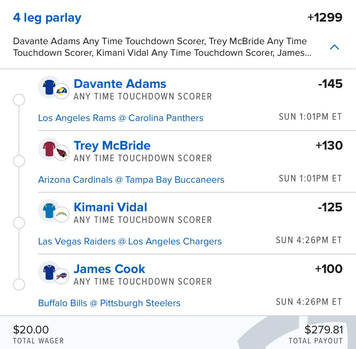 thepropdealer's tweet photo. 4 players.
4 touchdowns.

These are my four favorite players to score a TD on NFL Sunday 🎯

Betslip 🔗 https://t.co/CoZYLncyKM

Tailing? https://t.co/nX9moG1Pda