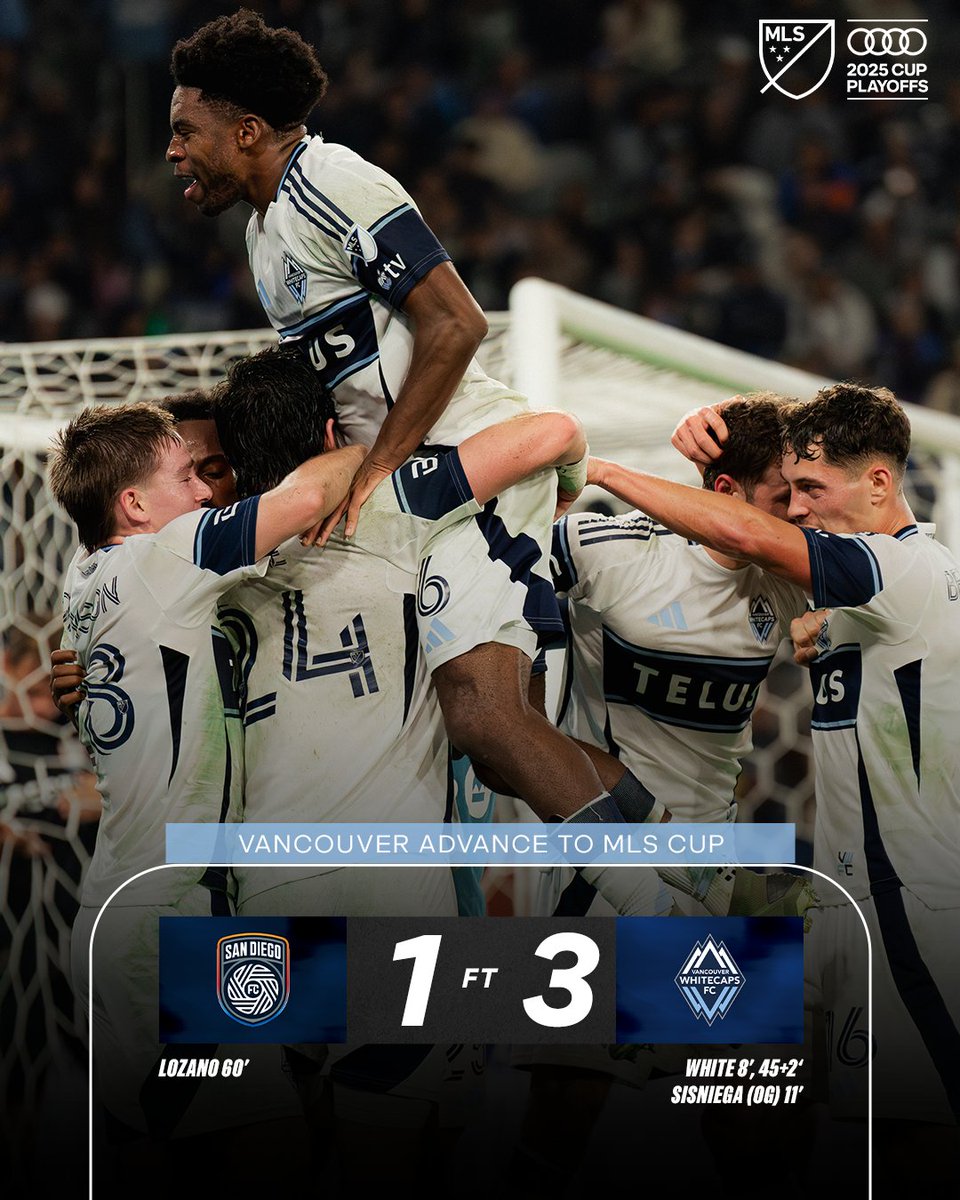MLS's tweet image. Vancouver books its trip to MLS Cup pres. by Audi. ✈️
