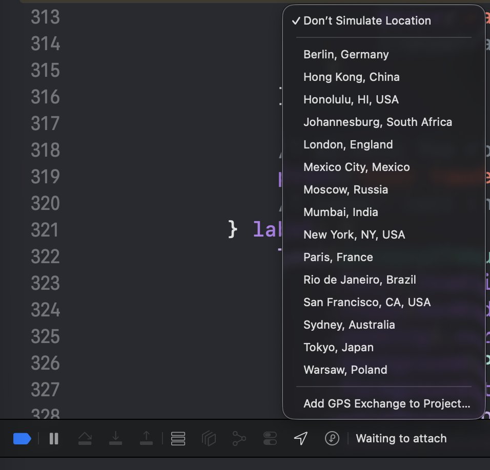 azamsharp's tweet image. When working with location aware apps, you can use Location feature on the simulator and &quot;simulate location&quot; on Xcode. 

* No need to travel to different countries just to test the app 😅

#iosdev #swiftui
