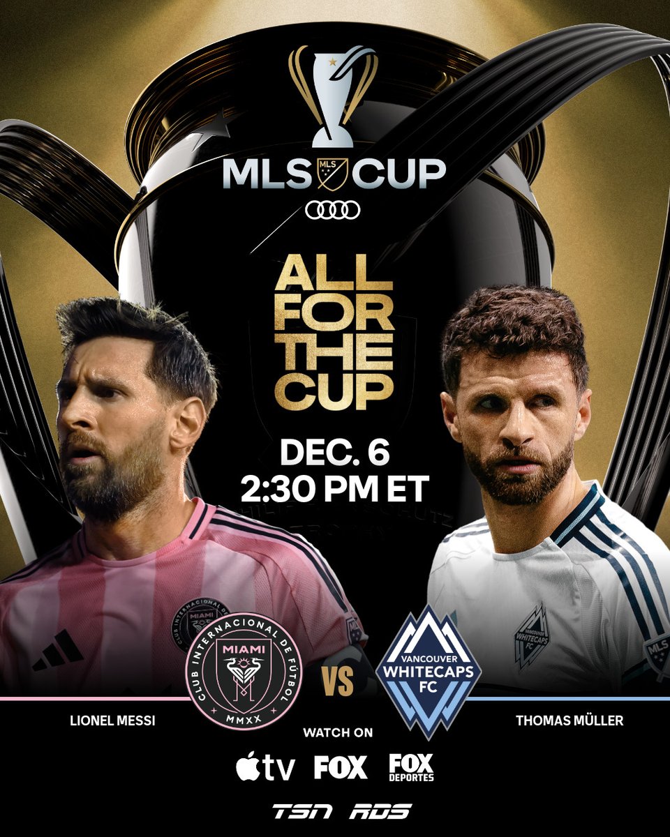 MLS's tweet image. The matchup is set. 🍿

It&apos;ll be @InterMiamiCF vs. @WhitecapsFC in MLS Cup pres. by Audi. 🏆
