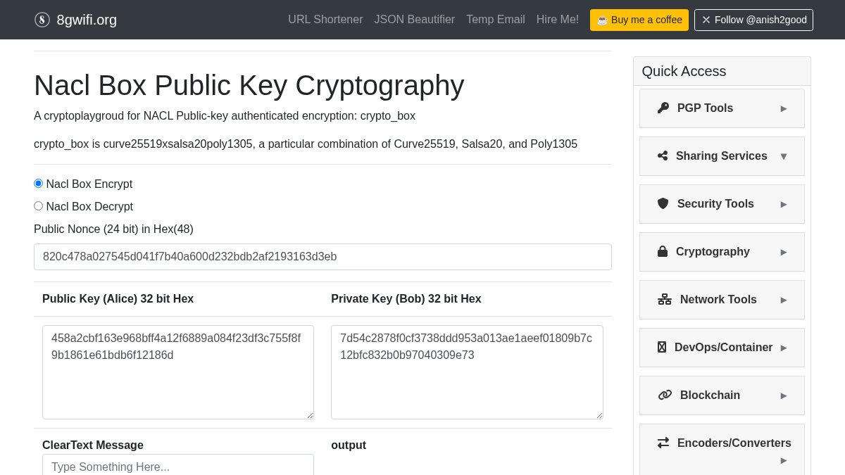 anish2good's tweet image. Explore the power of Nacl Box Public Key Cryptography for secure communication. Generate keys and encrypt/decrypt data effortlessly. Start protecting your information today! 🔒 Learn more: 8gwifi.org/naclboxenc.jsp #Cryptography #Encryption