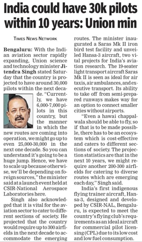 DrJitendraSingh's tweet image. Times of India: India Likely to have 30K pilots within 10 years
#CSIR-NAL #Bengaluru 

Read:
timesofindia.indiatimes.com/city/bengaluru…