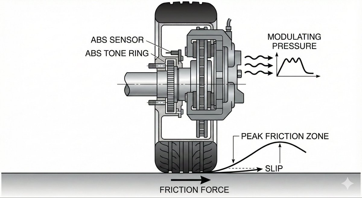 S_Sivakumar's tweet image. ABS Braking: Sensors + Control Theory

ABS sensors detect rapid wheel deceleration.
A controller pulses brakes ~10–15 times/sec, preventing wheel lock.
Physics + electronics keeps vehicles stable.
#SundayScience
