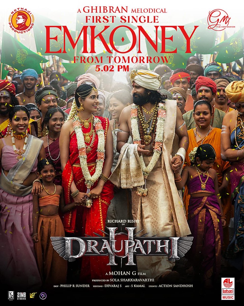 DoneChannel1's tweet image. #Draupathi2 First single releasing in 5 Indian languages, tomorrow evening at 05:02 pm in @LahariMusic channel 🔥🔥🔥

A @GhibranVaibodha Melodical 🎶 🪉🎷

@richardrishi
@mohandreamer 
@Rakshana1826  
@natty_nataraj @JaniChiragjani @Nethajifilm1032  
@SureshChandraa…