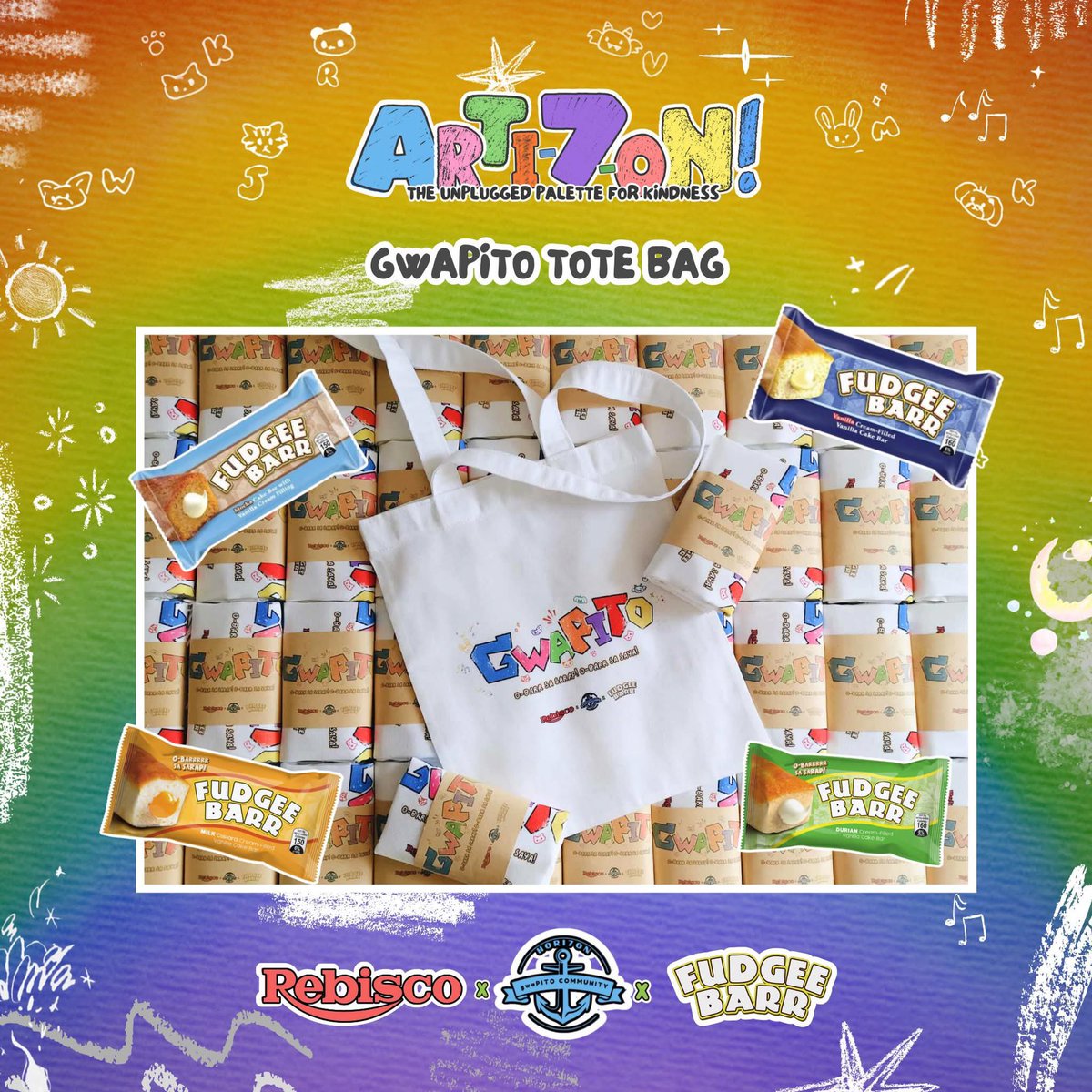 Sweet swag alert! 🍫👜
Grab your exclusive Gwapito Tote Bag packed with delicious treats from <a href="/FudgeeBarr_PH/">Fudgee Barr</a> - our special thank-you gift for all fundraising event attendees! 🎉

Huge shoutout to Fudgee Bar and Rebisco - this sweet surprise wouldn’t be possible without their