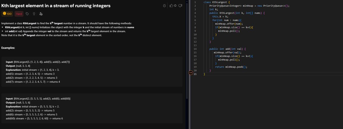 hibala93's tweet image. 🚀 Day 80/100 #100DaysOfCode

✅ K-th Largest Element in an Array
✅ K-th Largest Element in a Stream of Running Integers
#LeetCode #BuildInPublic #LearnInPublic #TUFWinterArc #Java