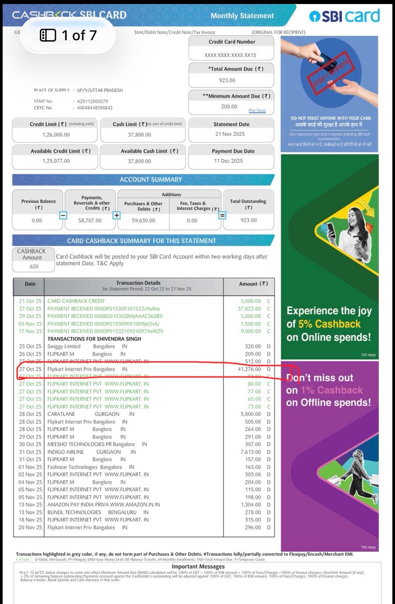 Chandra_CPSingh's tweet image. I did transaction of 41276 on Flipkart for purchasing a mobile phone and accesories for which I must get 5% cashback of 2063 but I am not received any cashback and when I talked to customer support they just replied nuisance the photo is attached Please help @SBICard_Connect