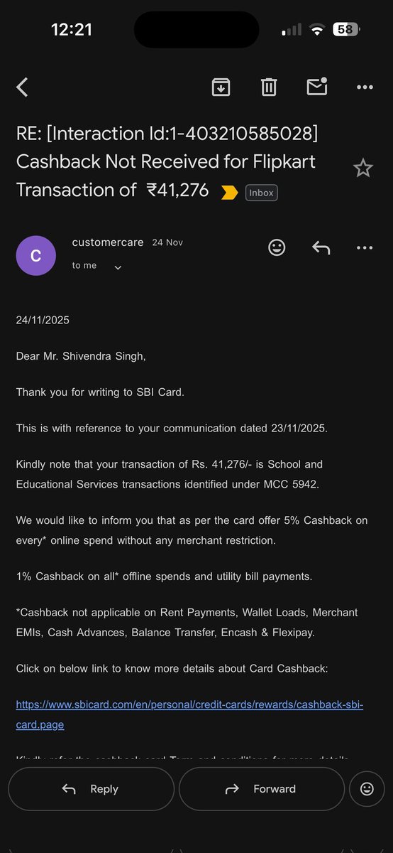 Chandra_CPSingh's tweet image. I did transaction of 41276 on Flipkart for purchasing a mobile phone and accesories for which I must get 5% cashback of 2063 but I am not received any cashback and when I talked to customer support they just replied nuisance the photo is attached Please help @SBICard_Connect
