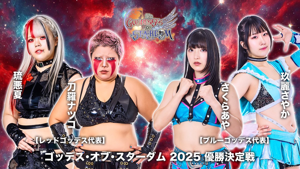 wwr_stardom's tweet photo. 【💫試合結果💫】
第15回 ゴッデス・オブ・スターダム ～タッグリーグ優勝決定戦～ in HAMAMATSU
2025年11月30日（日）
浜松市総合産業展示館 本館第1展示場

◆ゴッデス・オブ・スターダム 2025 優勝決定戦
《ブルーゴッデス代表》さくらあや＆〇玖麗さやか（17分25秒、エビ固め）《レッドゴッデス代表》●刀羅ナツコ＆琉悪夏

さくららが、第15回ゴッデス・オブ・スターダム タッグリーグ優勝チームとなる

公式サイトで試合速報中❗️
https://t.co/pSwuGjYgos