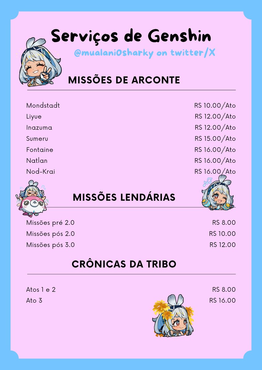 mualani0sharky's tweet image. ~ Olá, meus amigos!
Decidi Retornar a fazer meus serviços de Genshin, para me ajudar com uma renda extra.
Aqui estão os valores atualizados até Nod Krai!