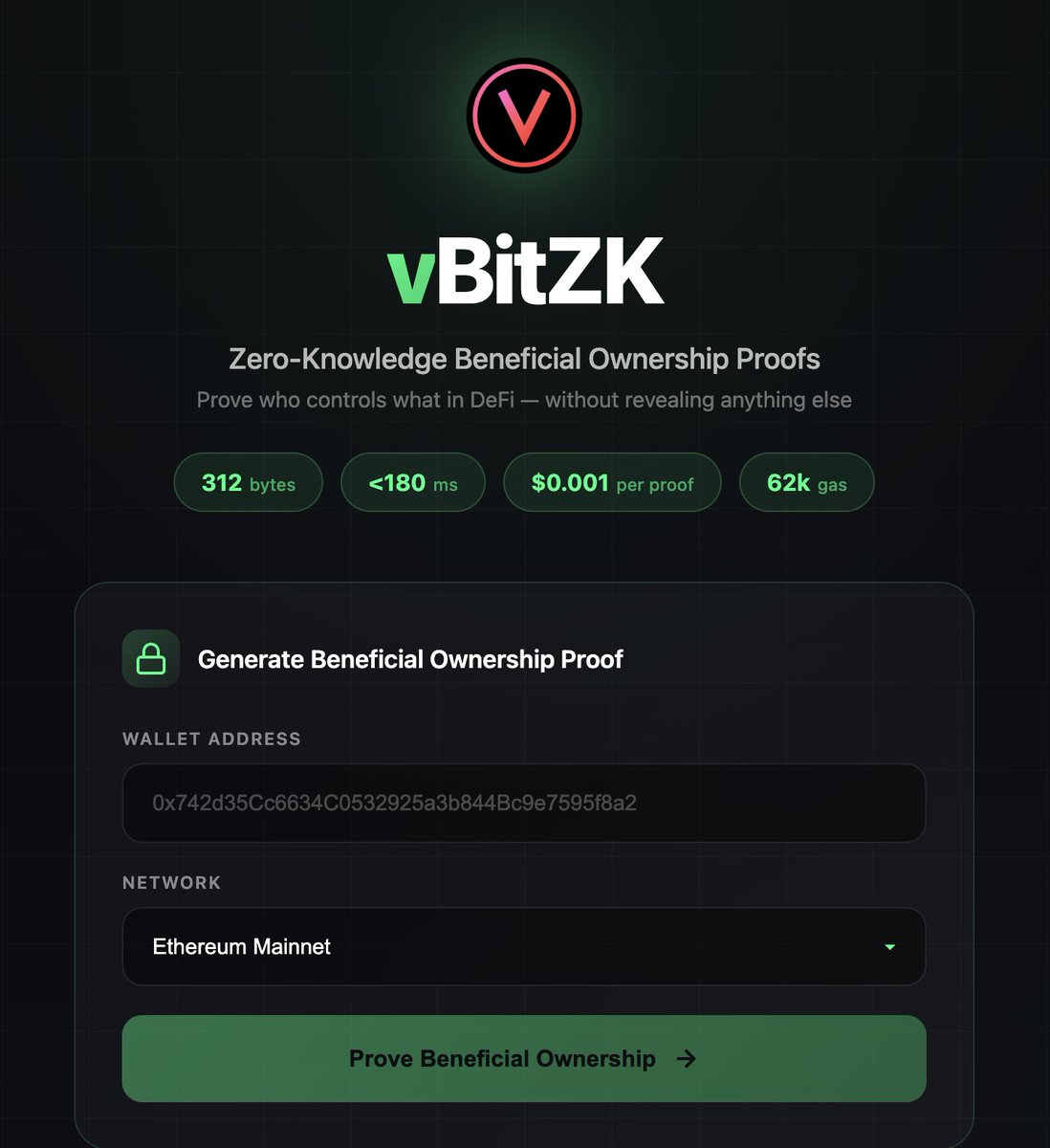 VonBit_ai's tweet image. 🔐 vBitZK Demo is LIVE
Prove beneficial ownership through 32 DeFi layers in &amp;lt;180ms.
✅ 312 bytes ✅ $0.001 per proof ✅ 62k gas on-chain verification
Try it yourself 👇 test.vonbit.co