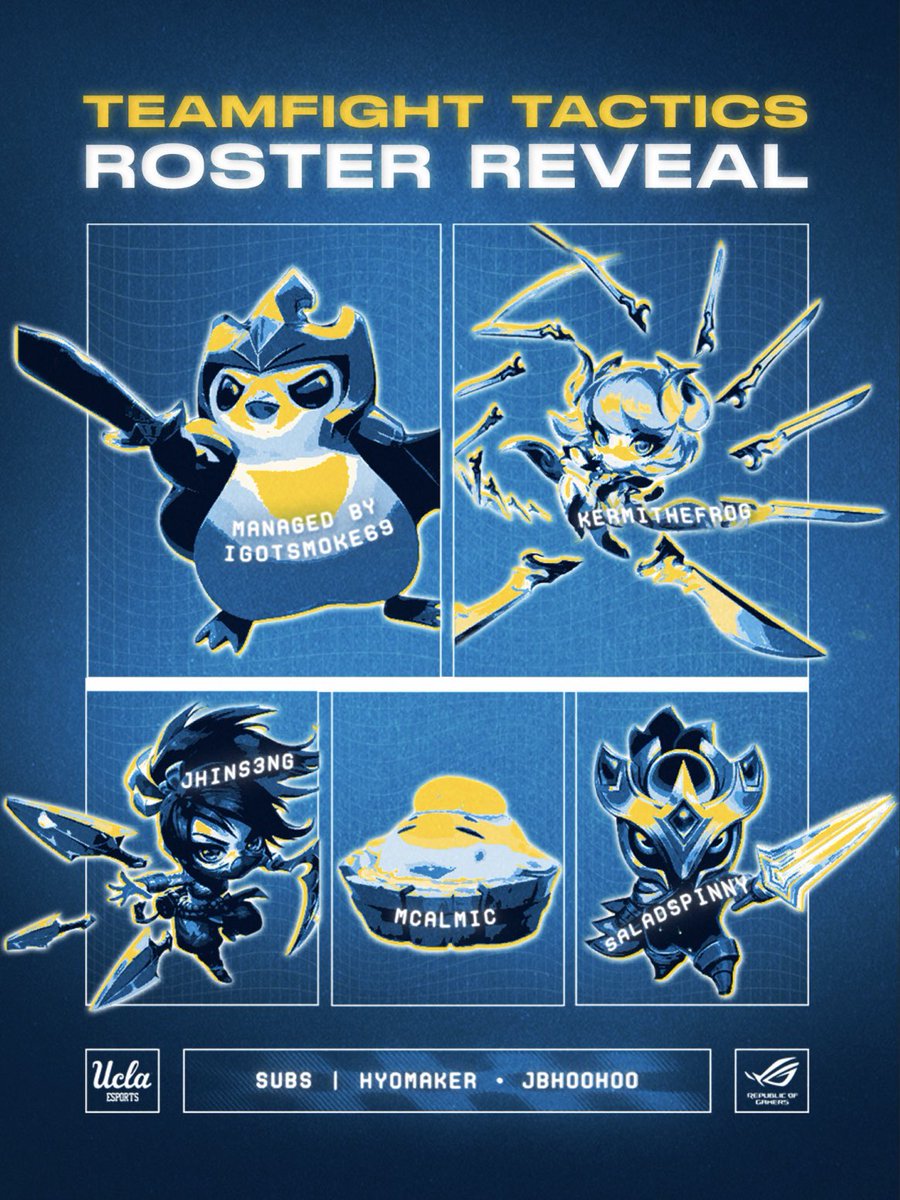 Champions approach... They’re none other than UCLA’s Team Fight Tactics team! 

🐧 UCLA TFT 🐧

✧ Kermithefrog
✧ Jhins3ng
✧ Mcalmic
✧ saladspinny
✧ hyomaker
✧ JBHOOHOO

Coached by Mcalmic
Managed by IGOTSMOKE69

Sponsored by <a href="/ASUS_ROGNA/">ROG North America</a> 
#UCLAEsports #tft #teamfighttactics