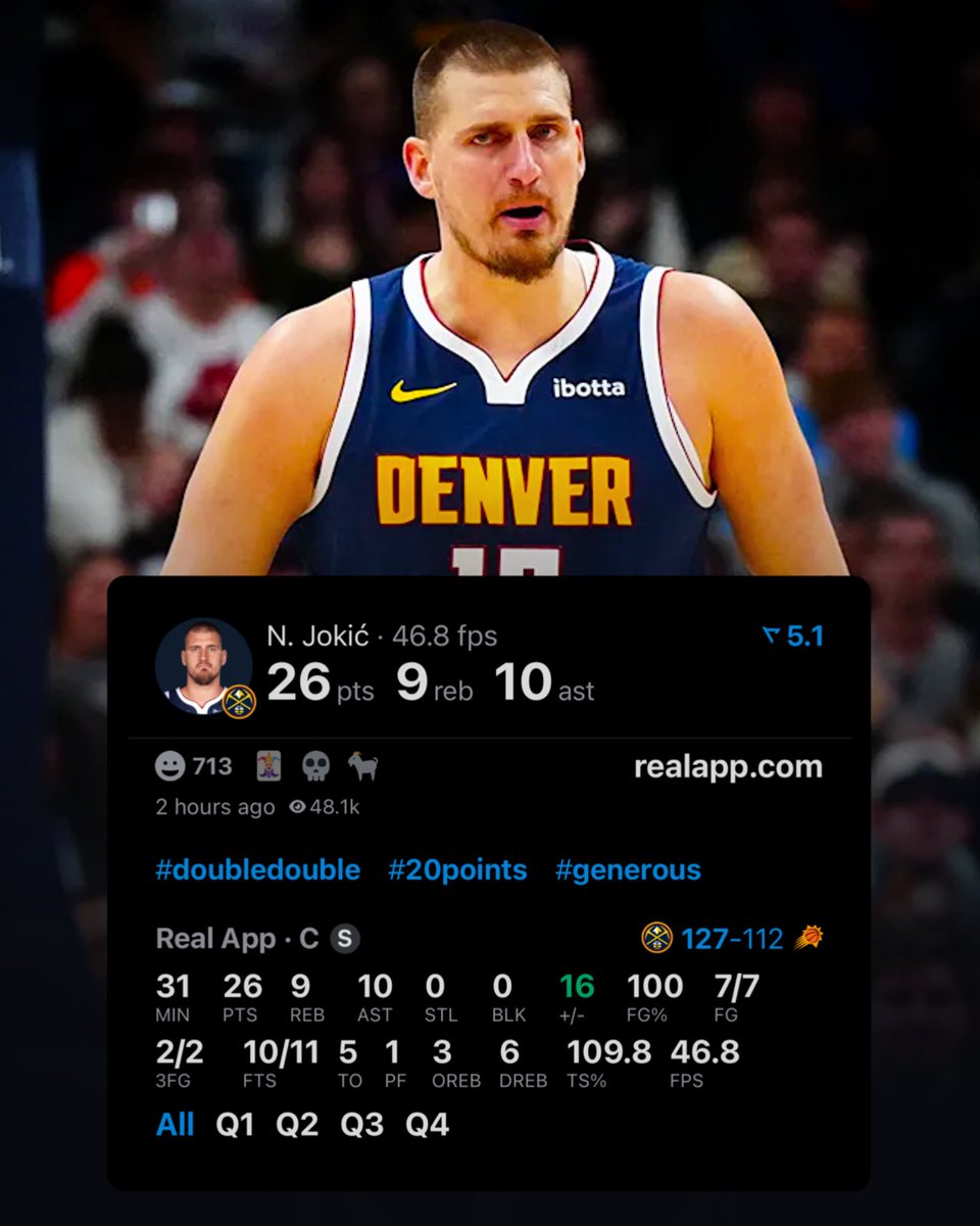LegionHoops's tweet image. NIKOLA JOKIC TONIGHT:

26 POINTS
10 ASSISTS
9 REBOUNDS
7/7 FG
2/2 3P
10/11 FT

NEAR PERFECT GAME. (via @realapp)