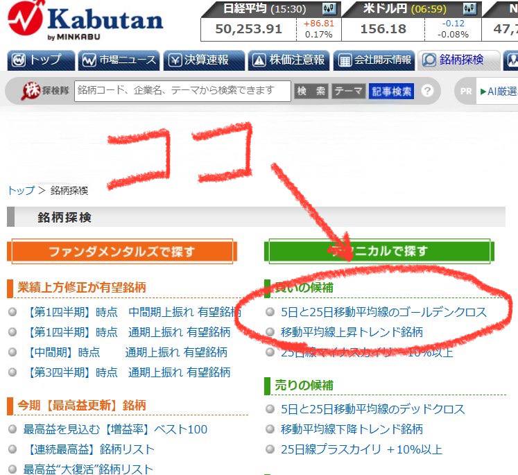【株初心者向け】

上がる銘柄がわからない人は…

①株探（Kabutan）を開く  
②銘柄探検 → 「5日・25日移動平均線のゴールデンクロス」を選択  
③出来高10万株以上＆75日線上向きの銘柄を抽出  

超簡単に上がる日本株が見つかるから試してみて！