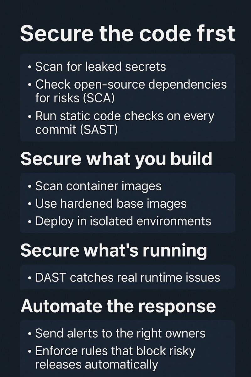 Bharath43342403's tweet image. A lot of teams say they do DevSecOps, but the real change happens when security is built into the pipeline — not added at the end.

A good DevSecOps process begins by securing your code early and fixing problems before the build stage.

Here’s the real approach

🔹 Secure the…