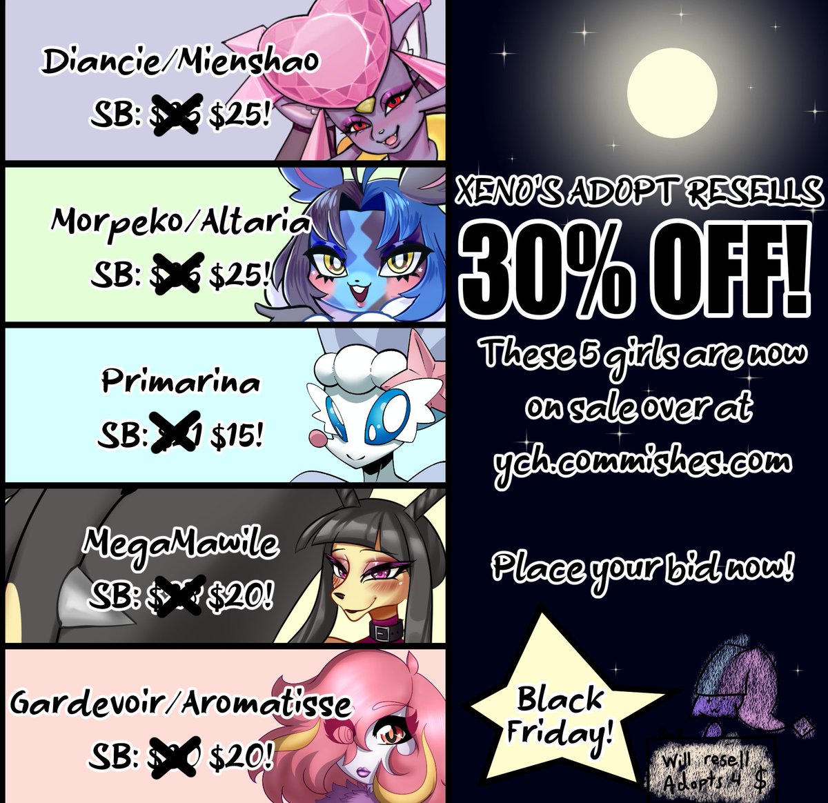 Black Friday offer is still available! All adopts 50% off, buy one for full price get one of lower value for free! Get buyin!
#adopt #adoptable #resell #sale #auction #anthro #furry #pokemon
ych.commishes.com/user/XXXenomat…