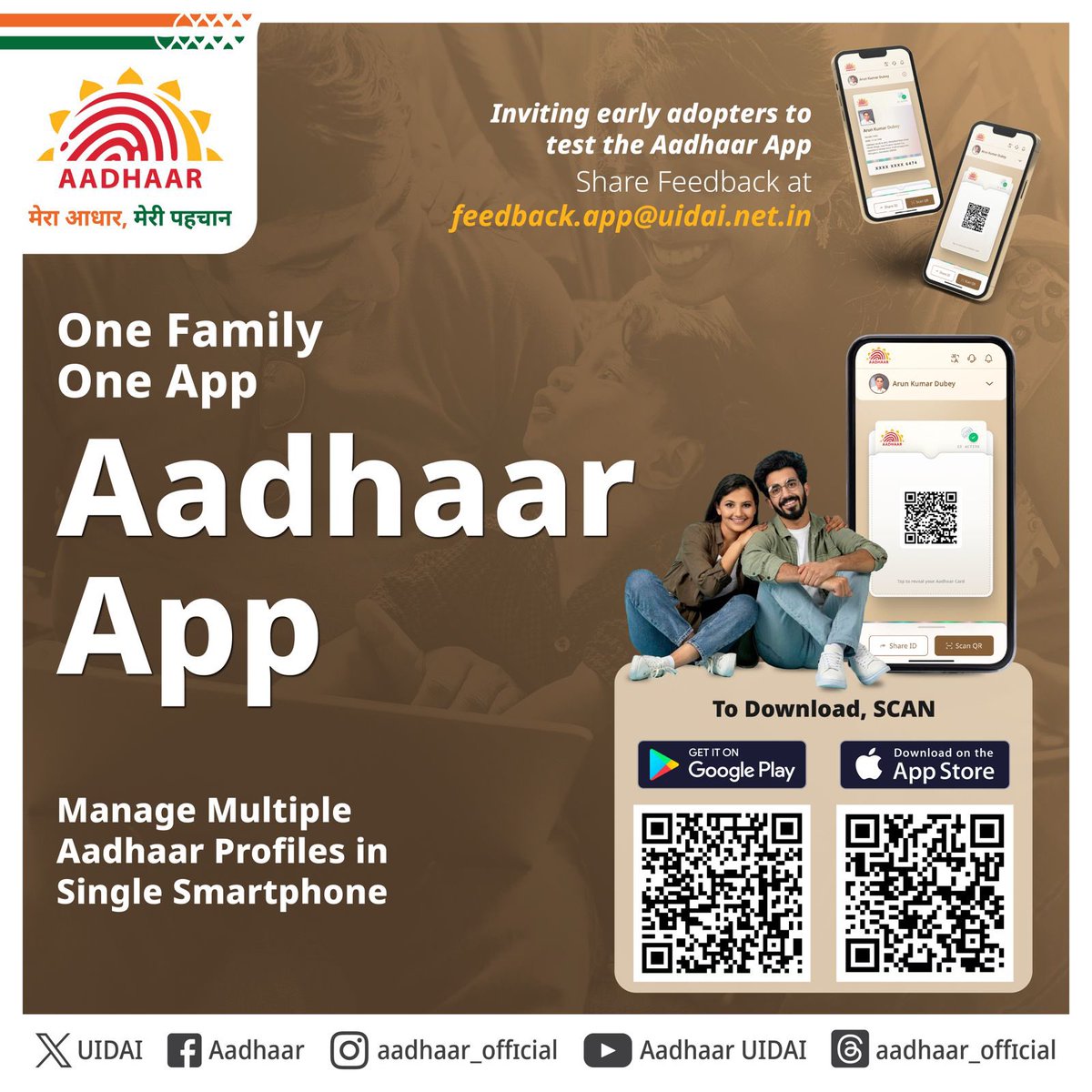 UIDAI's tweet image. Add and manage Aadhaar profiles for all your family members in single Aadhaar App - ideal for families using same smartphone. 

Download now!
Android: tinyurl.com/5hex3yay  
iOS: tinyurl.com/2r43hdnr 

Early adopters can share their feedback on: feedback.app@uidai.net.in…