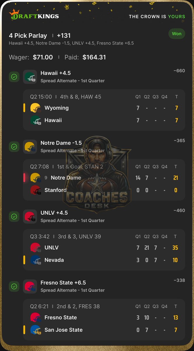 LevelsPicks's tweet image. Coach gets ANOTHER #CollegeFootball play to cash &amp;amp; to add a unit to the bankroll of the discord members 🏈✅🤑

@TheCoachesDesk

Save 30% when you sign up today ⬇️

📲 Promo Code: LEVELS

🔗 Sign Up Link: tinyurl.com/59brbx48

#GamblingX #LevelsPicks