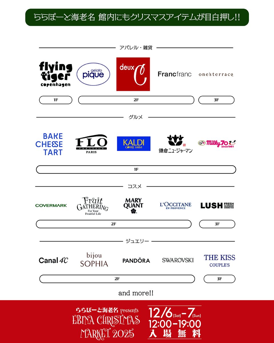 【ららぽーと海老名 presents EBINA CHRISTMAS MARKET 2025🎄会場MAP公開！】

当日の会場のMapはこちらです🎅

昨年からレイアウトが変更となり、今年は海老名駅西口中心広場を囲うような形で、素敵なお店が並びます✨
また、ららぽーと海老名館内でもクリスマスアイテムが目白押しです🎄