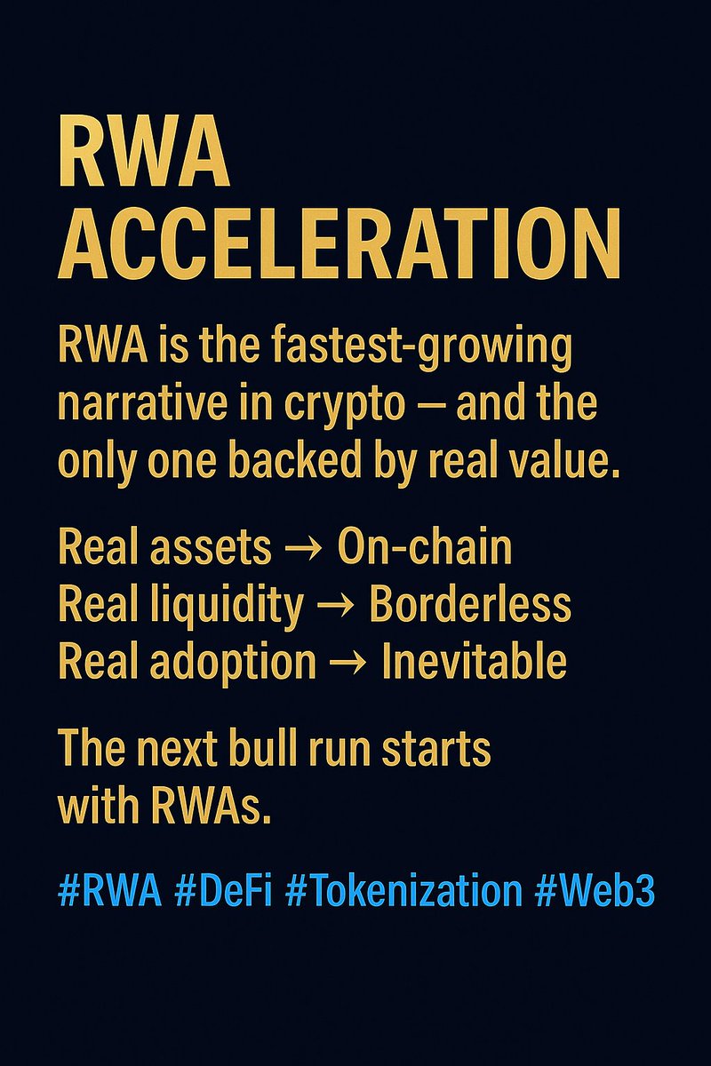 Web3use's tweet image. RWA Acceleration

RWA is the fastest-growing narrative in crypto — and the only one backed by real value.
Real assets → On-chain
Real liquidity → Borderless
Real adoption → Inevitable

The next bull run starts with RWAs.

#RWA #DeFi #Tokenization #Web3