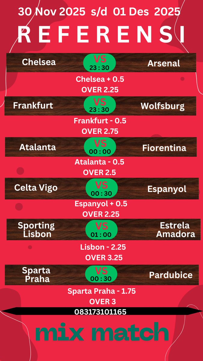 parlay_datuk23's tweet image. MATCH HARI INI , 30 November 25. 
INFO  WA : 083173101165 heylink.me/datuk_alakazam/
#Minggu #HadiahUntukAku #Tumbang #zonauang #BersatuTanpaSeparatisme #Tppjatim #Sumatera #WisataDesa #SinergiBPJPH #JimmySeaFanconD1