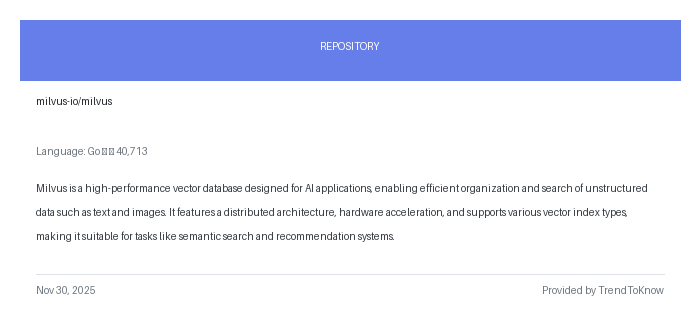 aitrendings's tweet image. milvus-io/milvus

💻 Go

#Milvus #VectorDatabase #AIApplications #OpenSource #GoLang

🔗 trendtoknow.ai