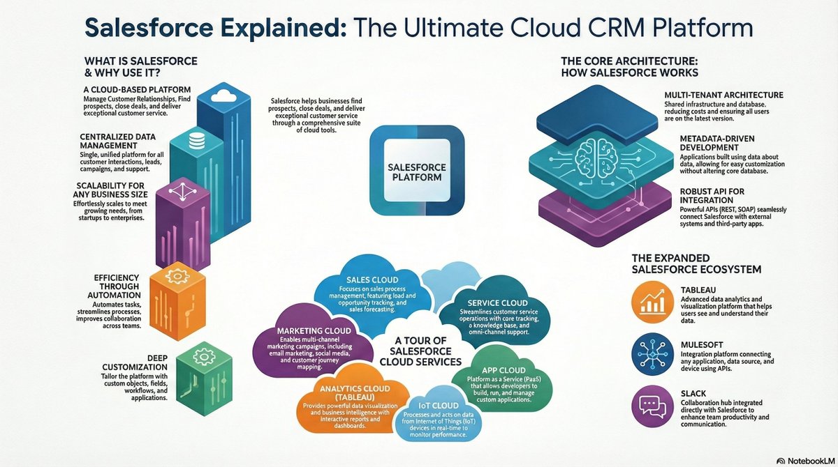 HeetDayaniBJP's tweet image. Salesforce, explained in one visual. Perfect for anyone wanting to understand the CRM, its architecture, and its cloud ecosystem
#salesforcedeveloper