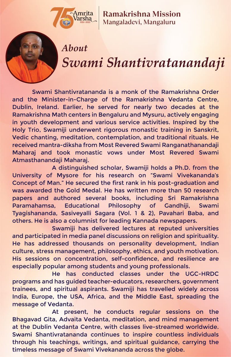 mangalurumath's tweet image. 🌟 Viveka Jagruthi Lecture Series | Amrita Varsha (75 Years) 🌟

Inspiring lectures for medical students by Swami Shantivratanandaji, Head, Ramakrishna Vedanta Centre, Dublin, Ireland, on 2 Dec 2025 at AJ Institute of Medical Sciences &amp;amp; KMC Bejai, Mangaluru.