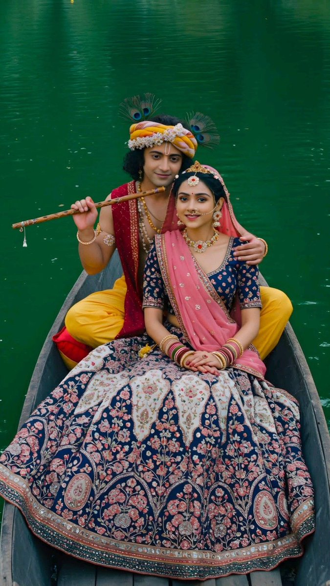 नाव में सवार होकर राधे-कृष्ण, समंदर की लहरों में भी मिला सुकून। जहाँ भी देखूँ, बस उनका ही नूर—हर धड़कन में राधा-श्याम का सुर।