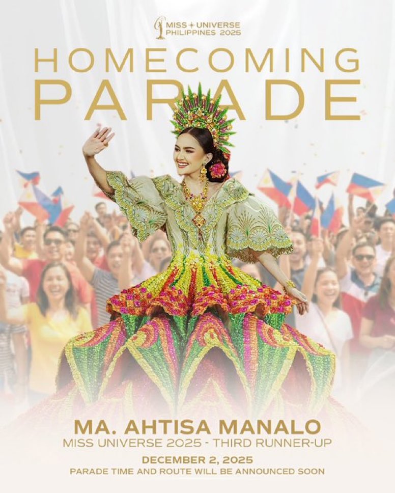 Oh Ahtisa, aming Reyna. 👑

Miss Universe Philippines is inviting everyone to Ma. Ahtisa Manalo’s Homecoming Parade happening on December 2, 2025. Time and location are yet to be announced. ✨

#MissUniversePhilippines #SizzumsPH