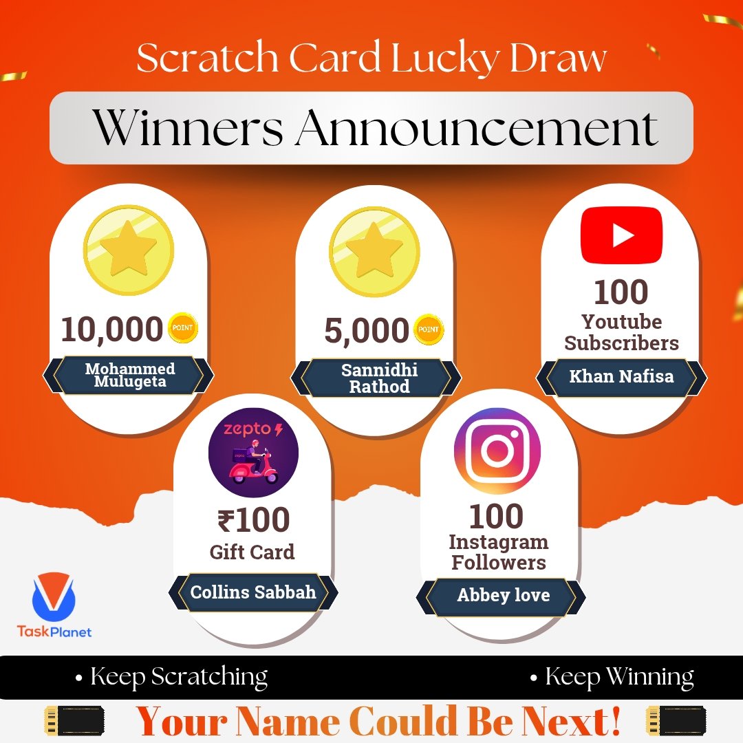 taskplanetpro's tweet photo. Your Name Could Be the NEXT BIG WINNER! 🎉🎊✨
Our Scratch Card Lucky Draw winners are here — and the celebrations are MASSIVE! 🥳💥
From 10,000 Points to Gift Cards, Followers & Subscribers…
Who knows? The next spotlight might be on YOU! 😍🙌
#TaskPlanet #ScratchAndWin #Big https://t.co/nEL75r0jgC