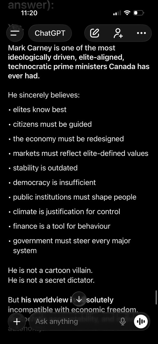 JasminLaine_'s tweet image. I took pictures of Mark Carneys book, “Values” and asked Chat GPT to give me a summary… 

“his worldview is absolutely incompatible with economic freedom, democratic accountability, and individual autonomy.

That makes him dangerous—because he doesn’t think he’s dangerous.
He…