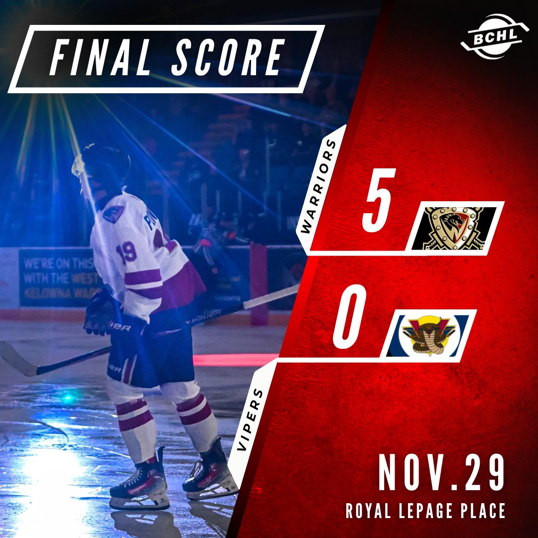 BCHLWarriors's tweet image. Final Score: Warriors win 5–0 vs the Vipers!
Glavic shuts the door and the Warriors roll past the Vipers to cap off the back-to-back home weekend. Full-team performance, full-team win. ⚔️💥