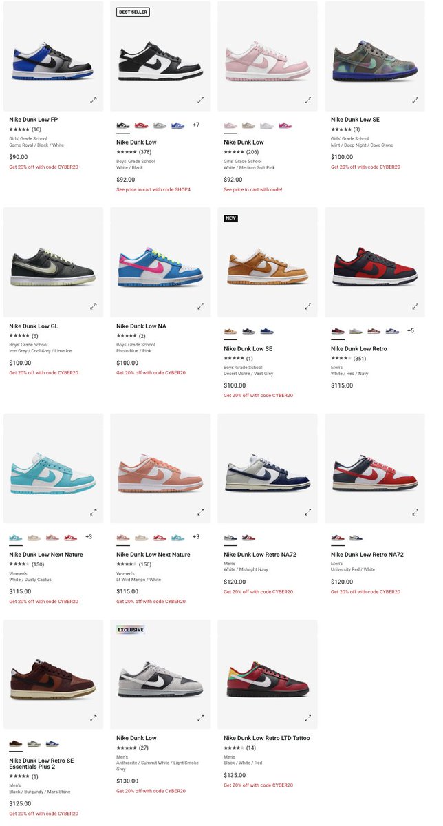 snkr_twitr's tweet photo. AD: Nike Dunk Low styles on sale for as low as $35.99 w/code CYBER20

Shop -> https://t.co/SMql4vVwLs https://t.co/jAGTfyscUX