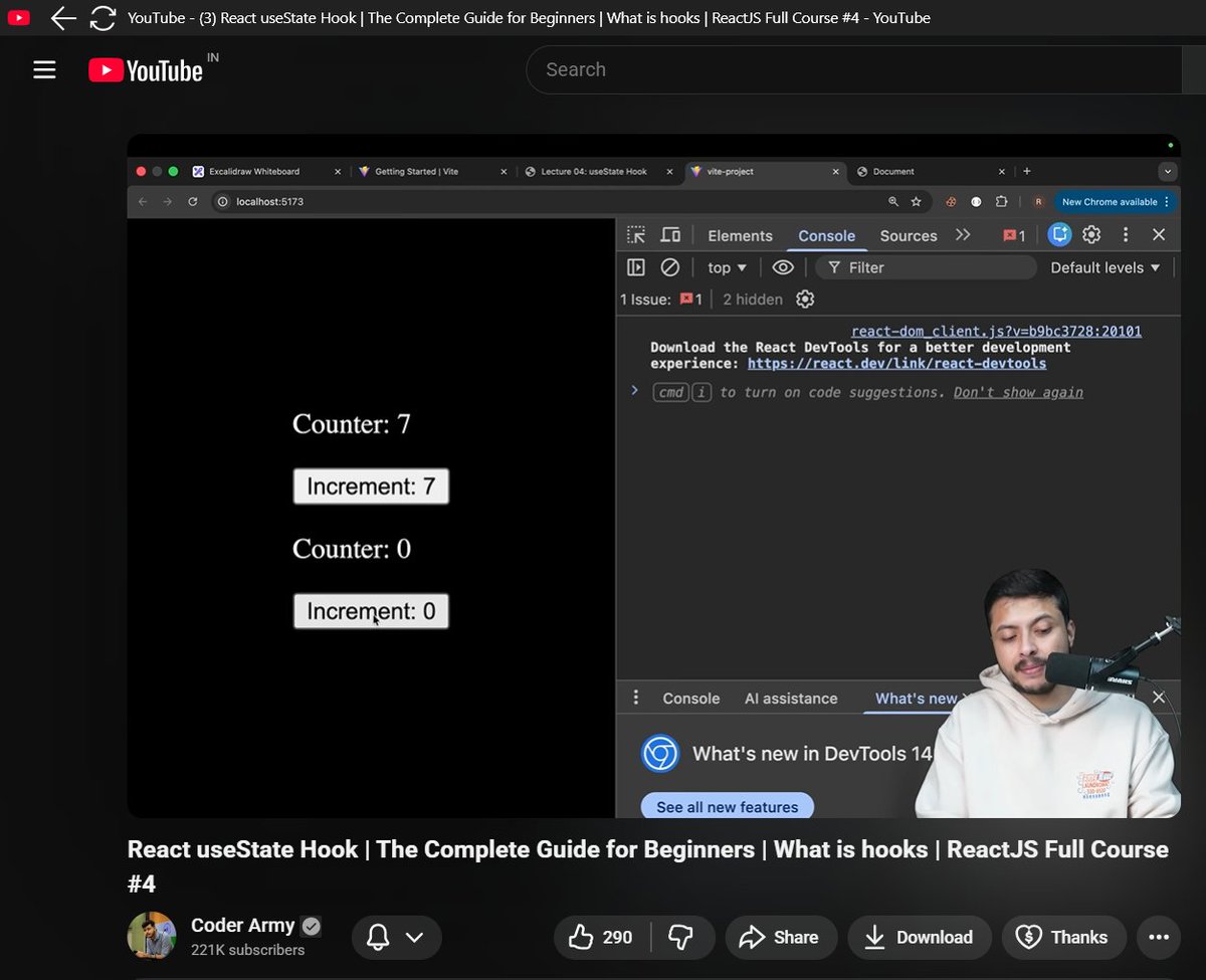 Aditya_Ch_20's tweet image. Learning React Hooks today! ⚛️🔥

Finally understood how useState() works — why normal variables don’t update the UI, and how state + re-rendering actually make React React.
Built a small counter app.
#ReactJS #JavaScript #Frontend #CodingJourney #LearningInPublic @rohit_negi9